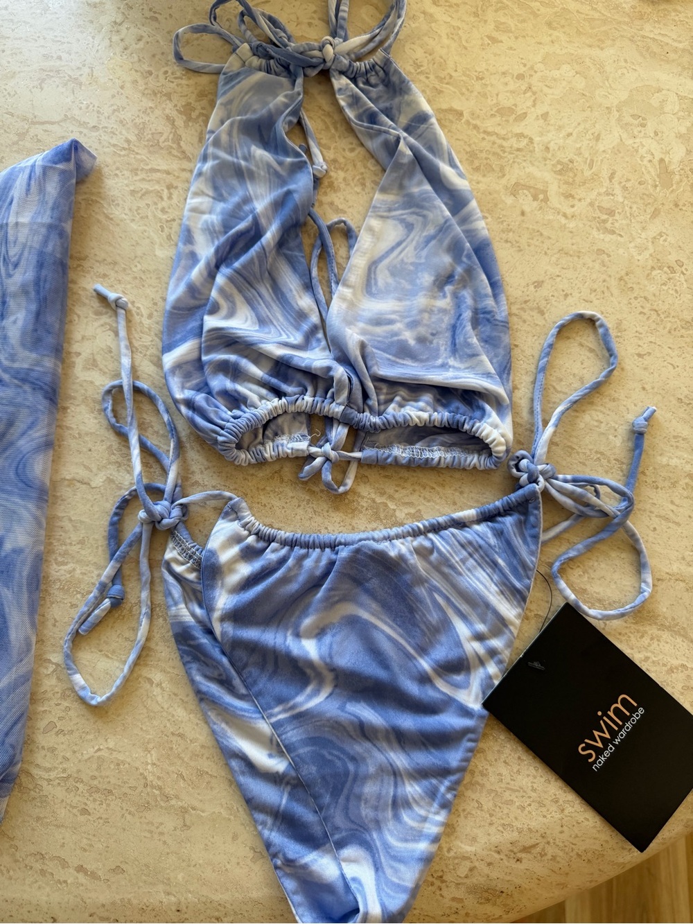 naked wardrobe Blue Marble Tie-Side Bikini with Matching sarong - Picture 2 of 2